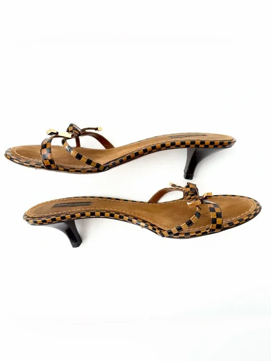 LOUIS VUITTON | Damier Check Kitten Heel Mule Sandals Gold LV Charm EU 38.5 Y2K - Picture 5 of 15